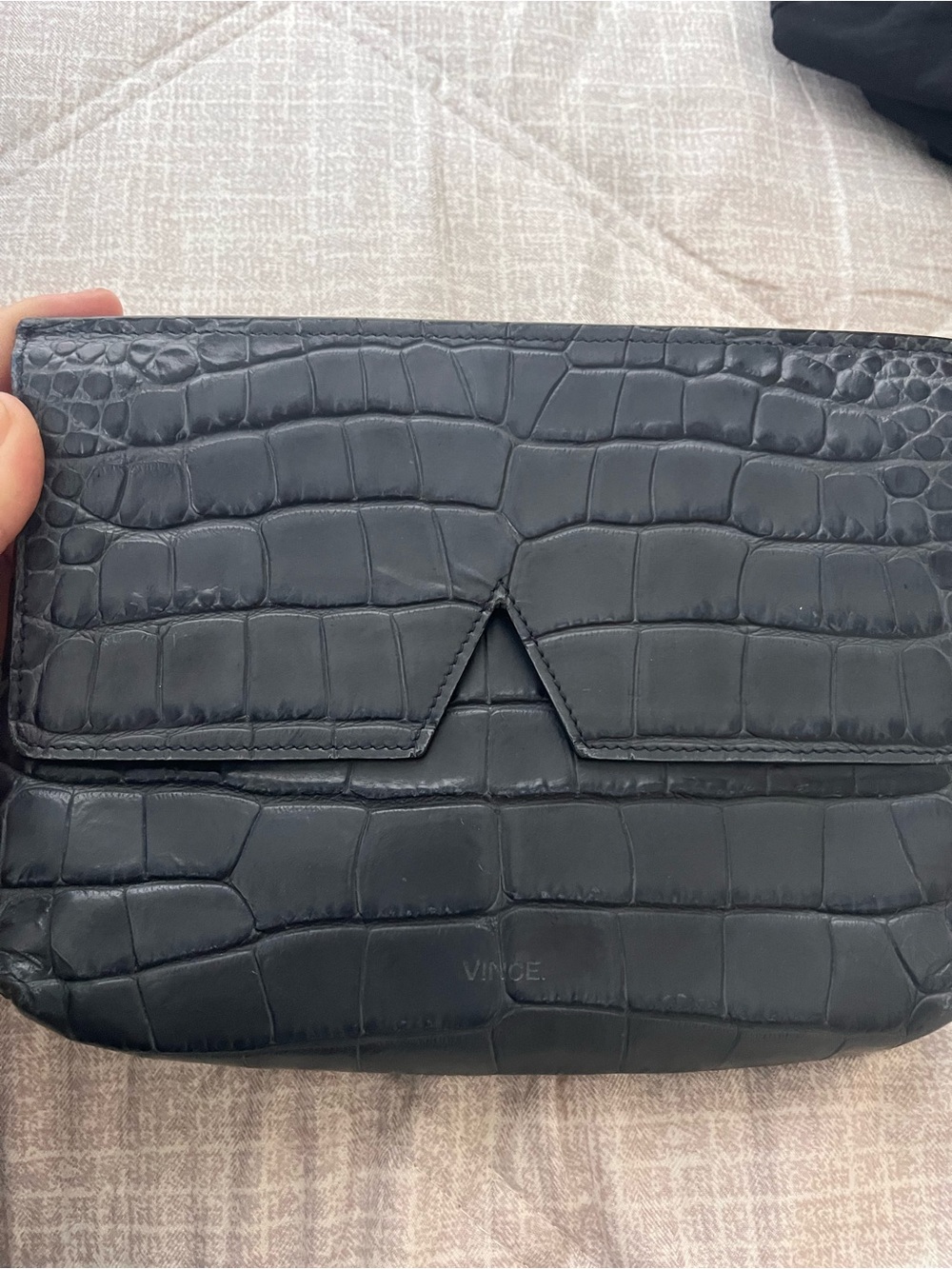 Vince Dark Blue Croc-Embossed Leather Clutch